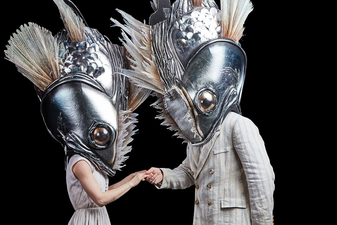 Costumed animals include a crocodile, iguana, cockroach, grasshopper, armadillo, snake, swordfish and tuna. Shown: Fish heads, costumes by Giovanna Buzzi / 2016 Cirque du Soleil