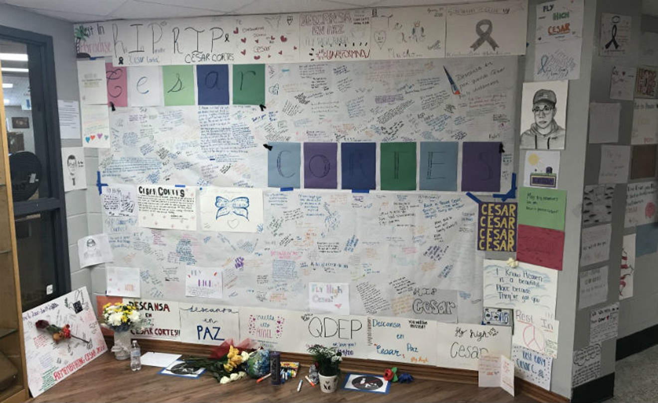 A memorial wall constructed by students outside the Bellaire High School library.