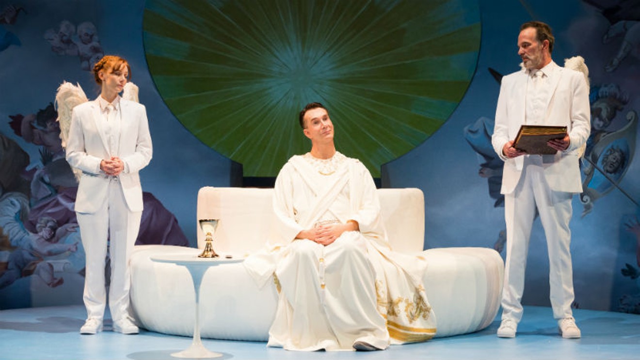 Emily Trask as Michael, Todd Waite as God and John Feltch as Gabriel in An Act of God at the Alley Theatre.
