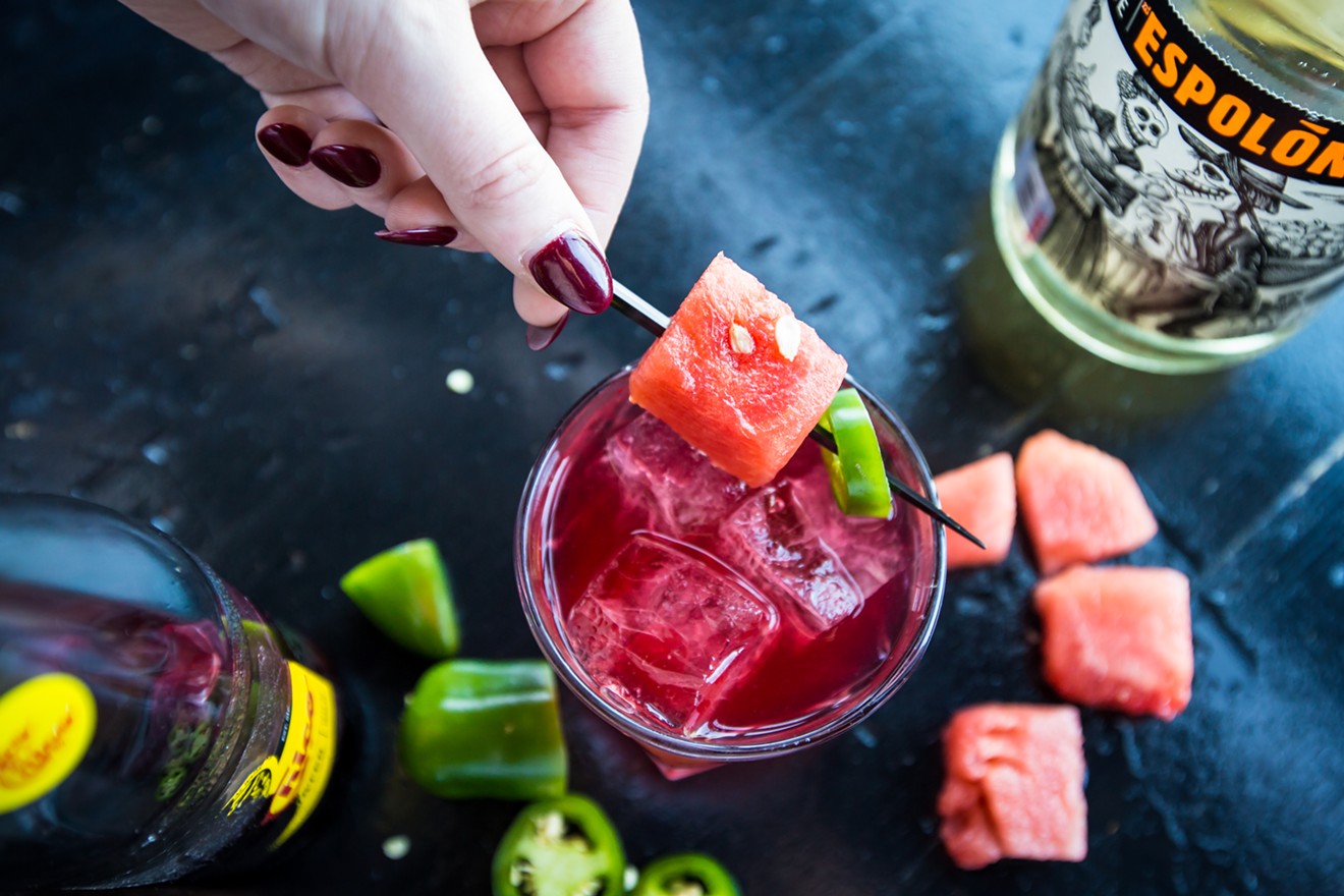 The Good Omens at Stone's Throw is made with tequila, mandarin liqueur, hibiscus simple syrup, watermelon juice and fresh jalapeno.