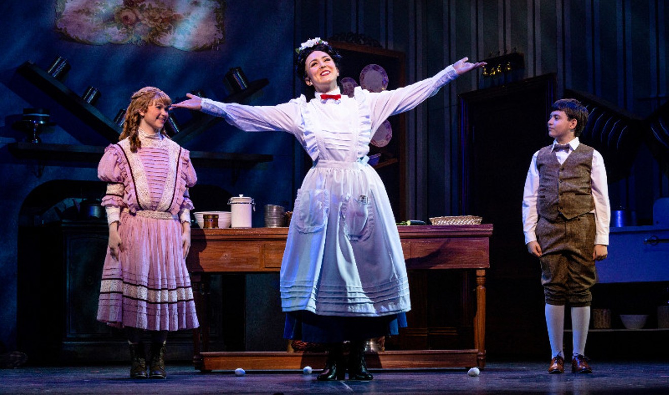 Abbilyse Caudle as Jane, Olivia Hernandez as Mary Poppins and Daniel Karash as Michael in the TUTS production of Mary Poppins.
