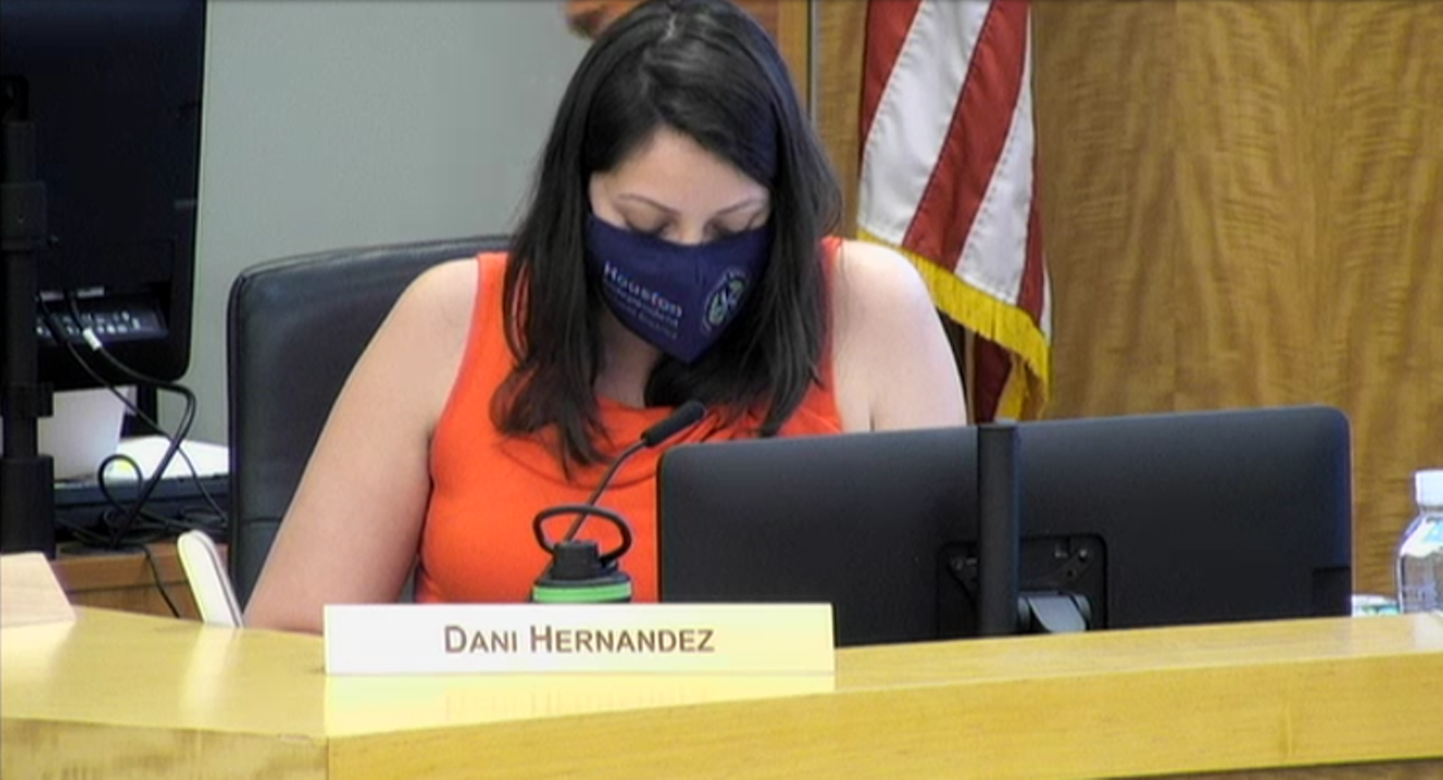 Dani Hernandez, one of several former TFA teachers on the HISD board, who voted to continue working with TFA Thursday.