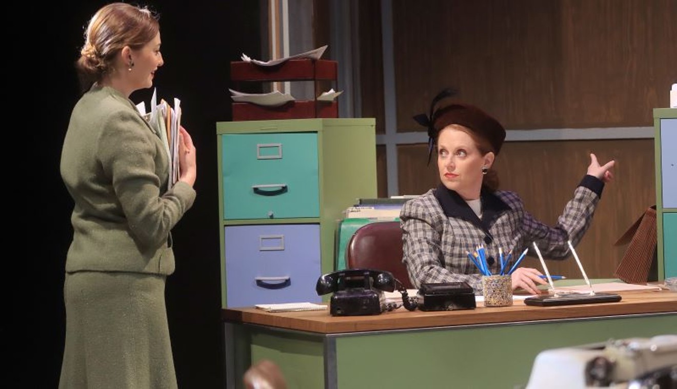 Ginger Mouton as the ambitious new secretary and Kara Greenburg as the icy boss in The Best of Everything at Main Street Theater.