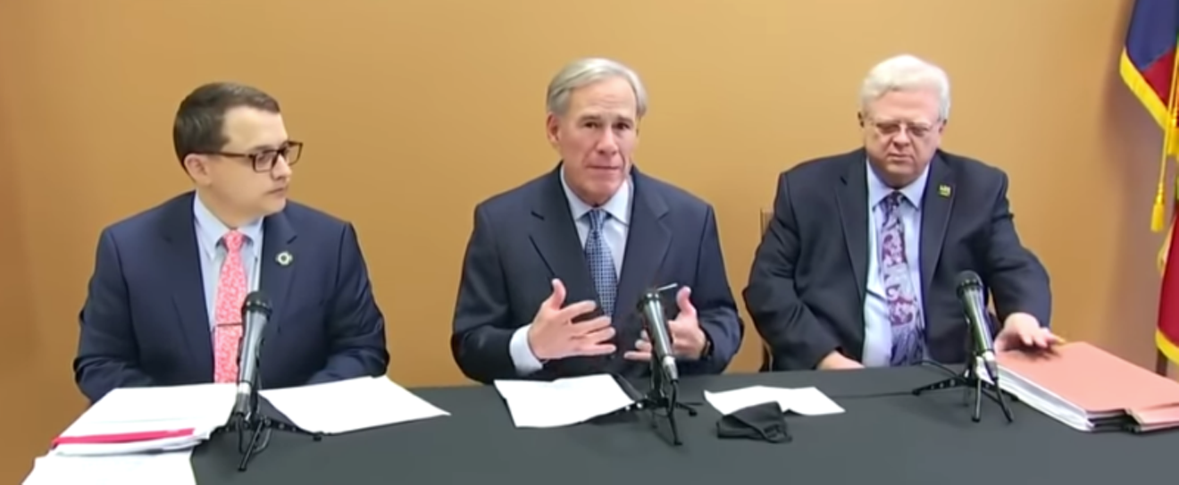 State Rep. Briscoe Cain (left), Gov. Greg Abbott (center) and state Sen. Paul Bettencourt (right) think it was too easy to vote in 2020.
