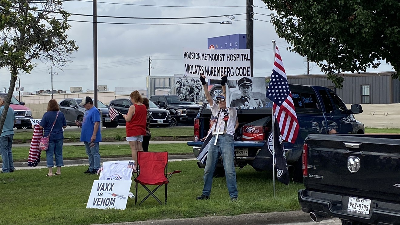 This anti-vaccine protester likened Houston Methodist to the Nazis for requiring employees to take a COVID-19 vaccine.