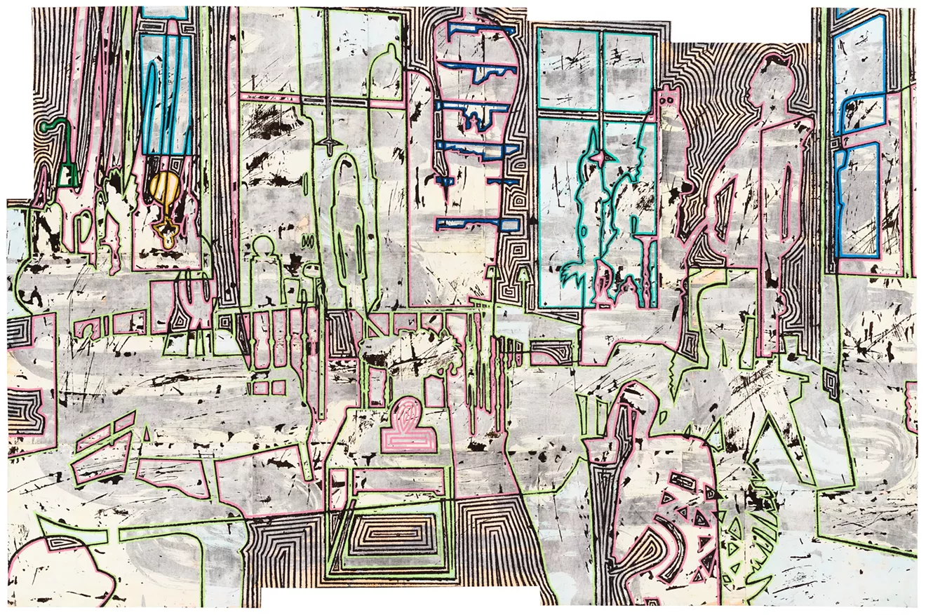 Bo Joseph  Holding Spaces: Masquerading as Mutualism, 2023  oil pastel, acrylic and tempera on joined paper  paper: 47 3/4 x 72 5/8 inches frame: 54 1/4 x 78 7/8 inches