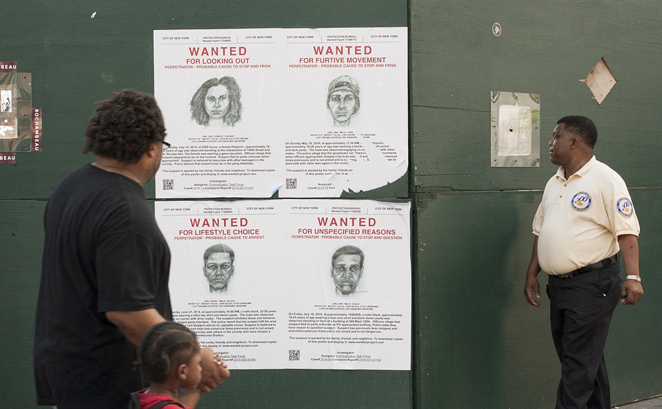 We've heard the expression, "Driving while black." Artist Dread Scott expands on the problem in his provocative Wanted posters. Shown: Community based project: Posters, community participants, public fora, forensic sketch, HD video documentation, prints.