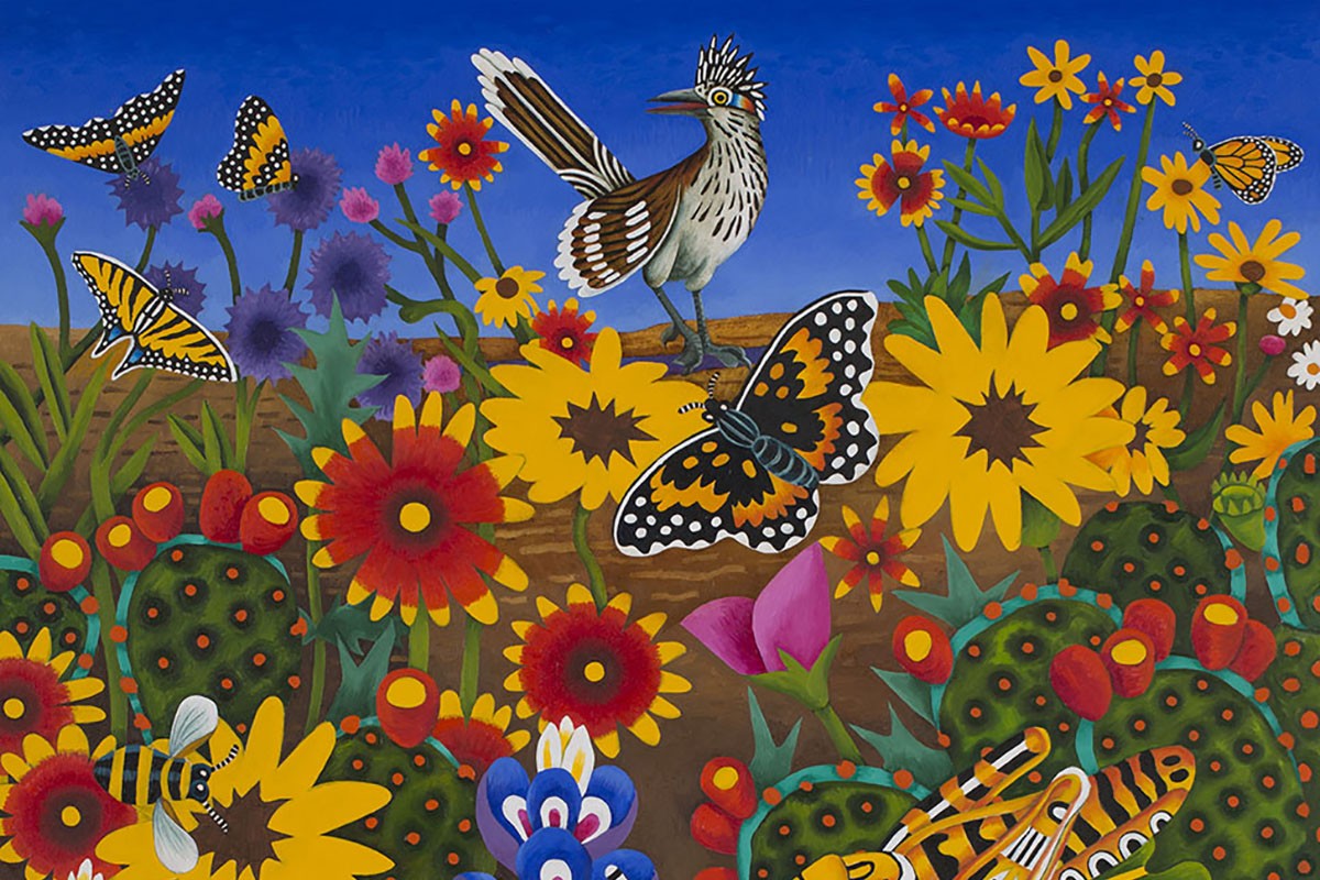 Works by Fort Worth-based fine artist Billy Hassell were on view at William Reaves | Sarah Foltz Fine Art in "Shadows," at the end of last year. Shown: Roadrunner with Butterflies and Grasshopper