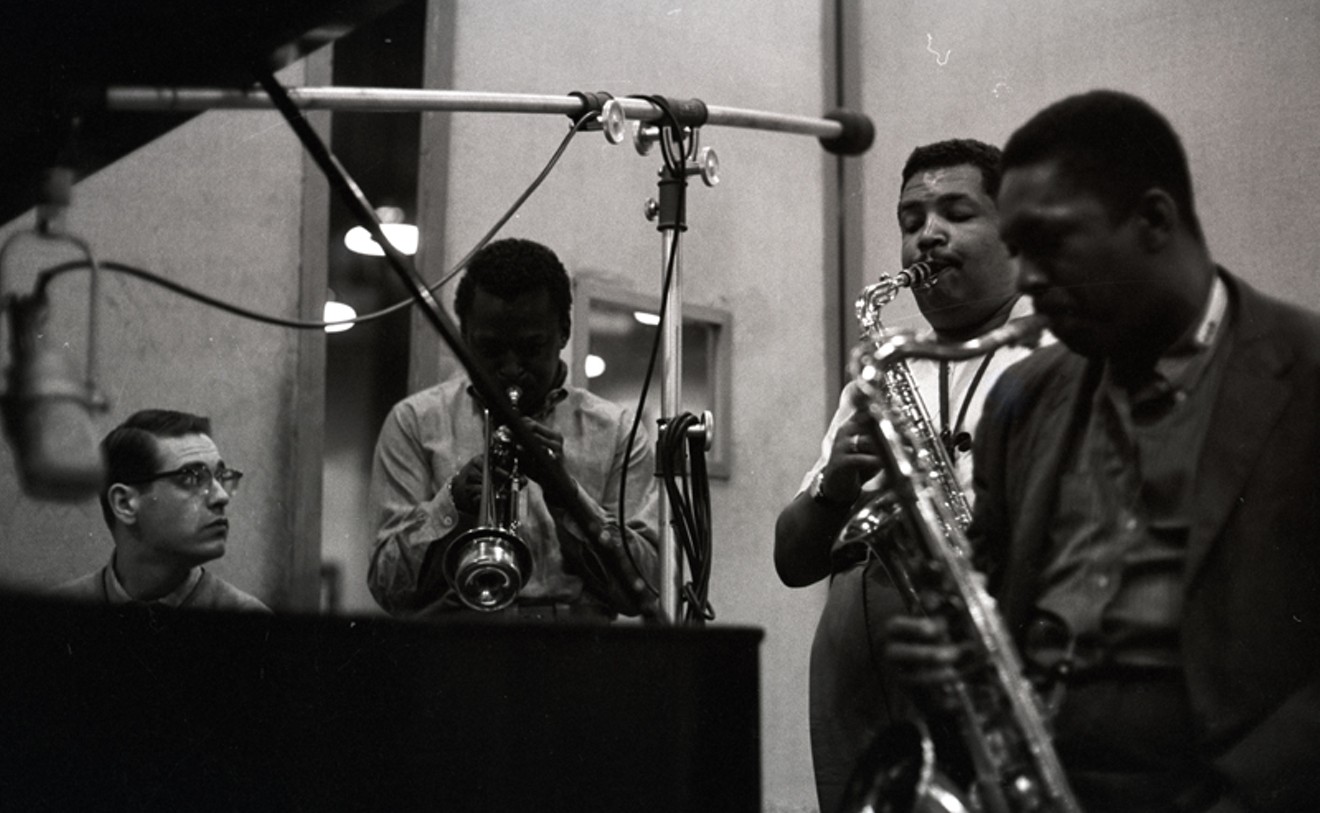 Bill Evans, Miles Davis, Julian "Cannonball" Adderley, and John Coltrane in the studio recording "Kind of Blue" New York, 1959.