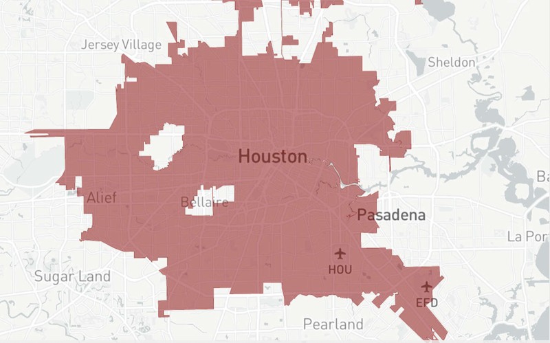The areas in Houston affected by the plant's power outage.