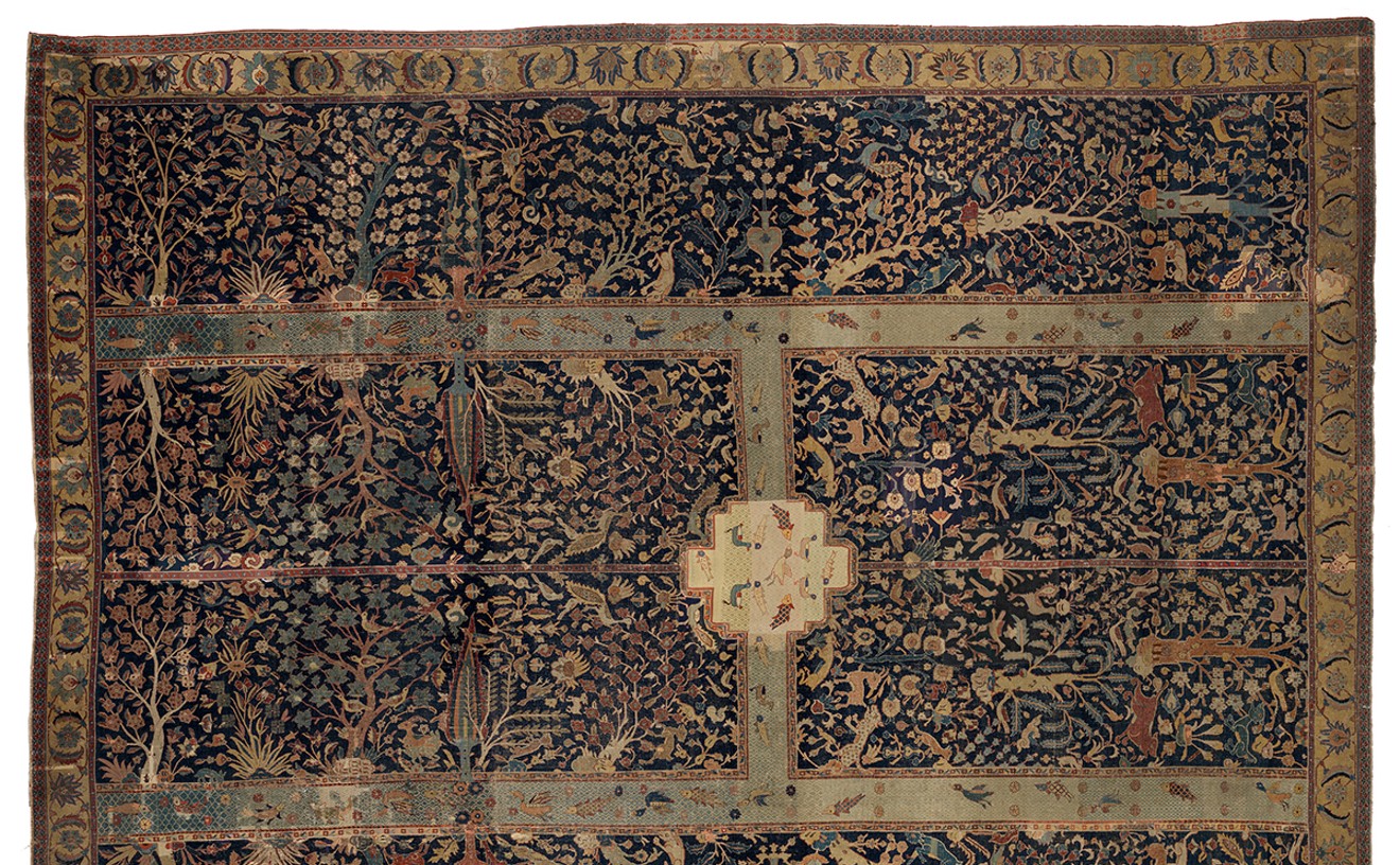 The Wagner Garden Carpet, central Iran, early 17th century, the Burrell Collection, Glasgow. The actual "bottom" of the carpet is shown on the left, with a pond in the center and the channels of water forming a letter "H."