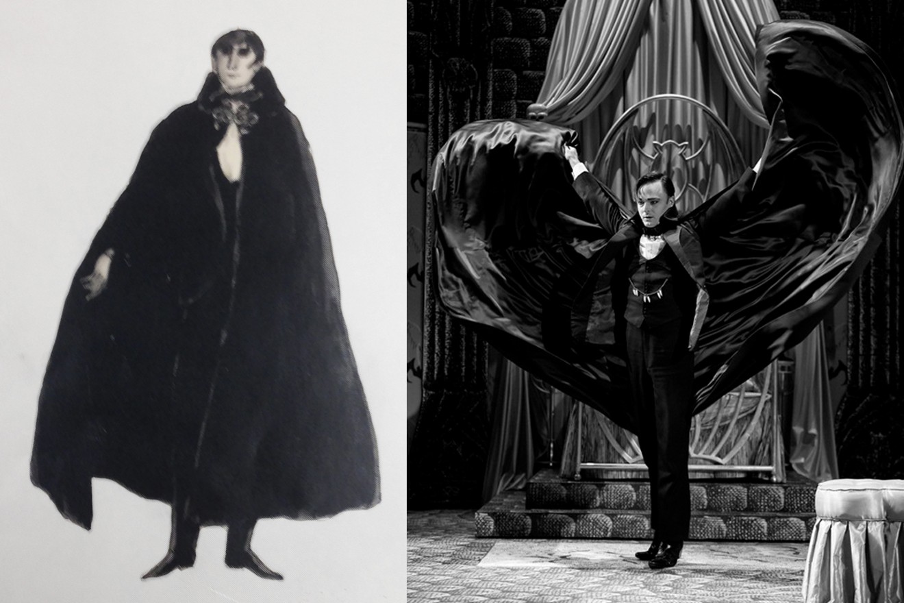 (L) Pen-and-ink illustration by Edward Gorey and (R) Jay Sullivan as the Count in Alley Theatre's 2014 production of Dracula, The Original Vampire Play.