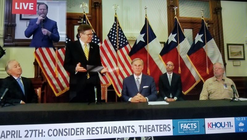 Do as I say, not as I do: Texas leadership with no masks and closer than 6 feet apart.