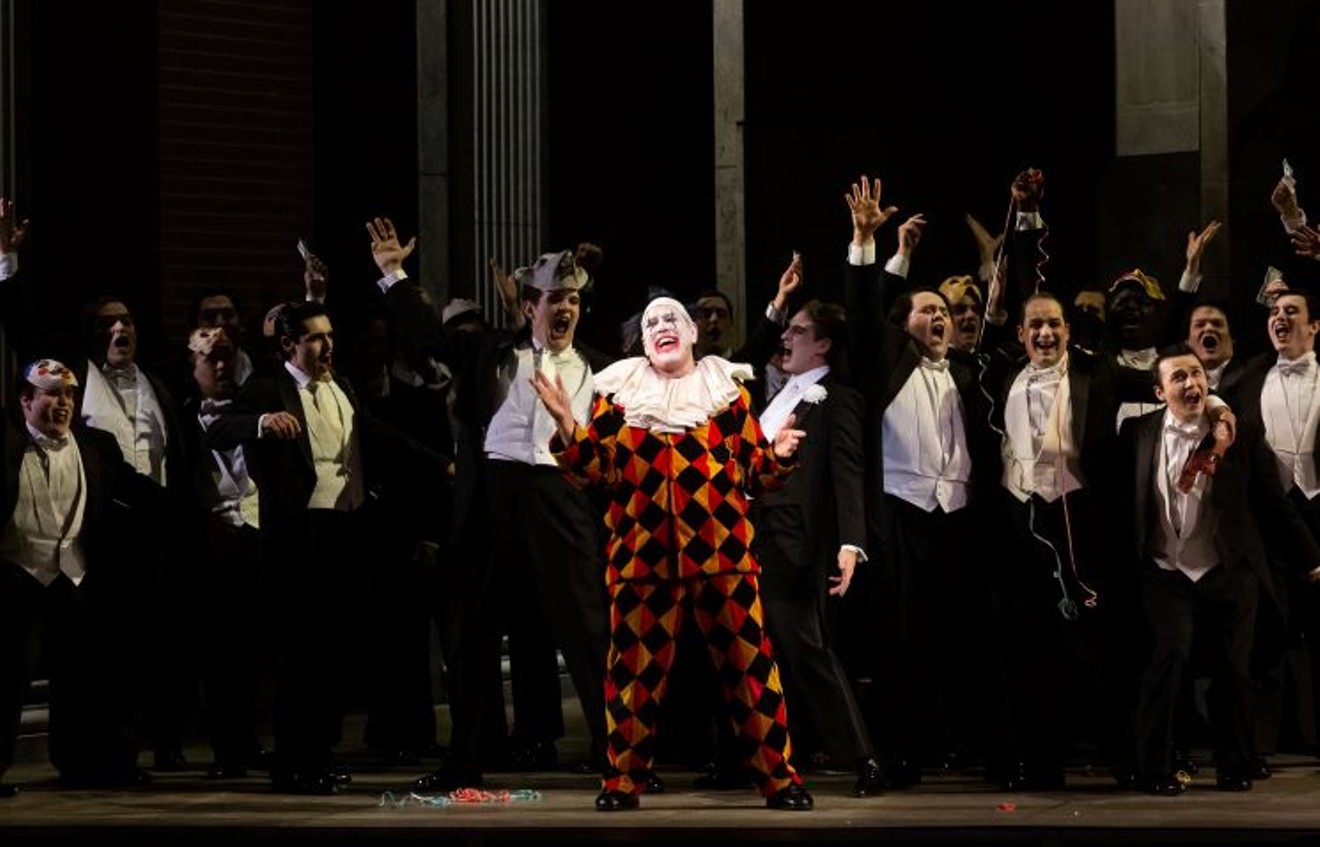Everybody at HGO is happy about The Sound of Music song fest including Michael Mayes, center, seen here in his 2019 performance at Houston Grand Opera as the title character in Rigoletto.
