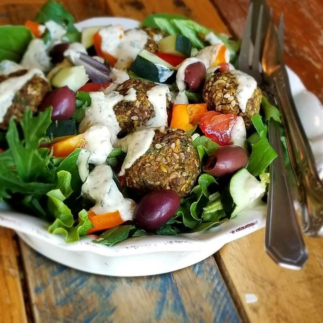 Mediterranean salad with raw falafel at Natural Living