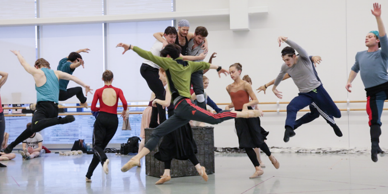 Artists of Houston Ballet flying high in rehearsal.