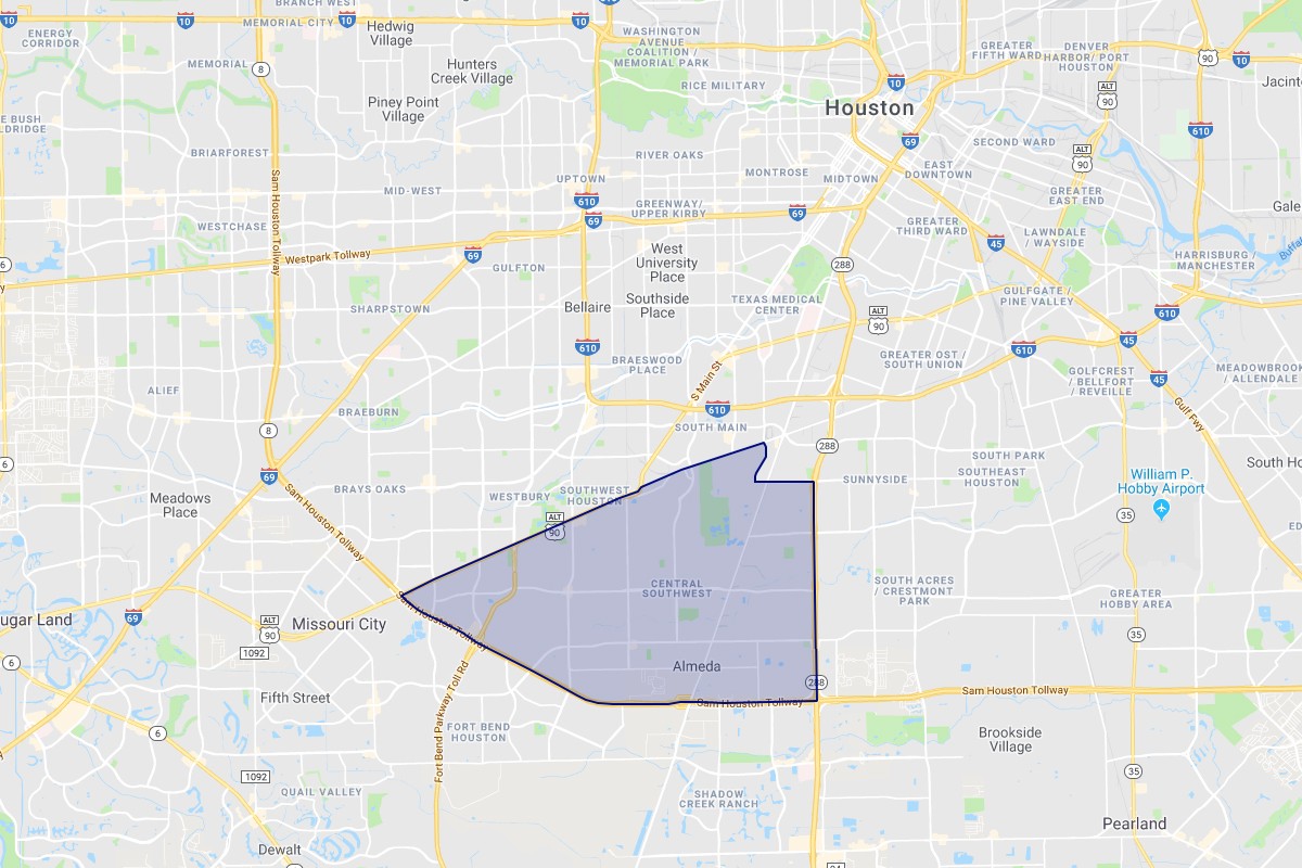 Houston's Five Corners, as defined by HAR.com's MLS market area tool. View the district lines more closely on the Five Corners District website.