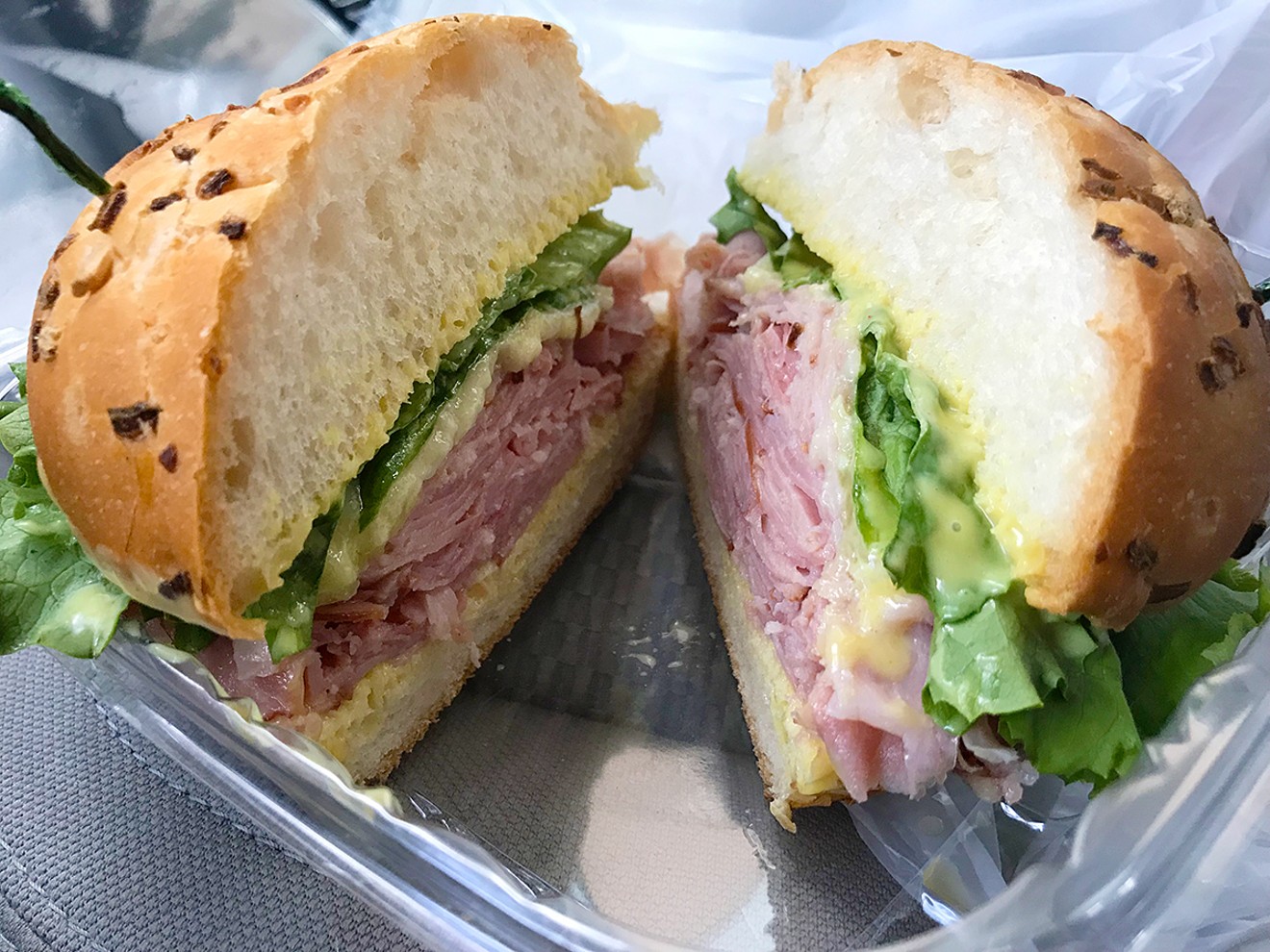 The massive honey ham and brie from Carter & Cooley Company is a warm, messy delight.
