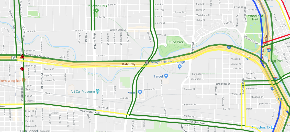 It might be yellow right now, but that red triangle at Shepherd and I-10 is a reminder of the red you'll see all weekend, literally and metaphorically.