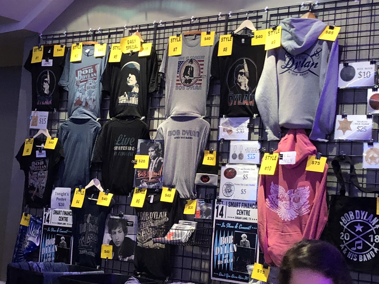 Bob Dylan's management does not allow press or public photography during his shows. So here's a bunch of T-shirts that were for sale in the lobby!