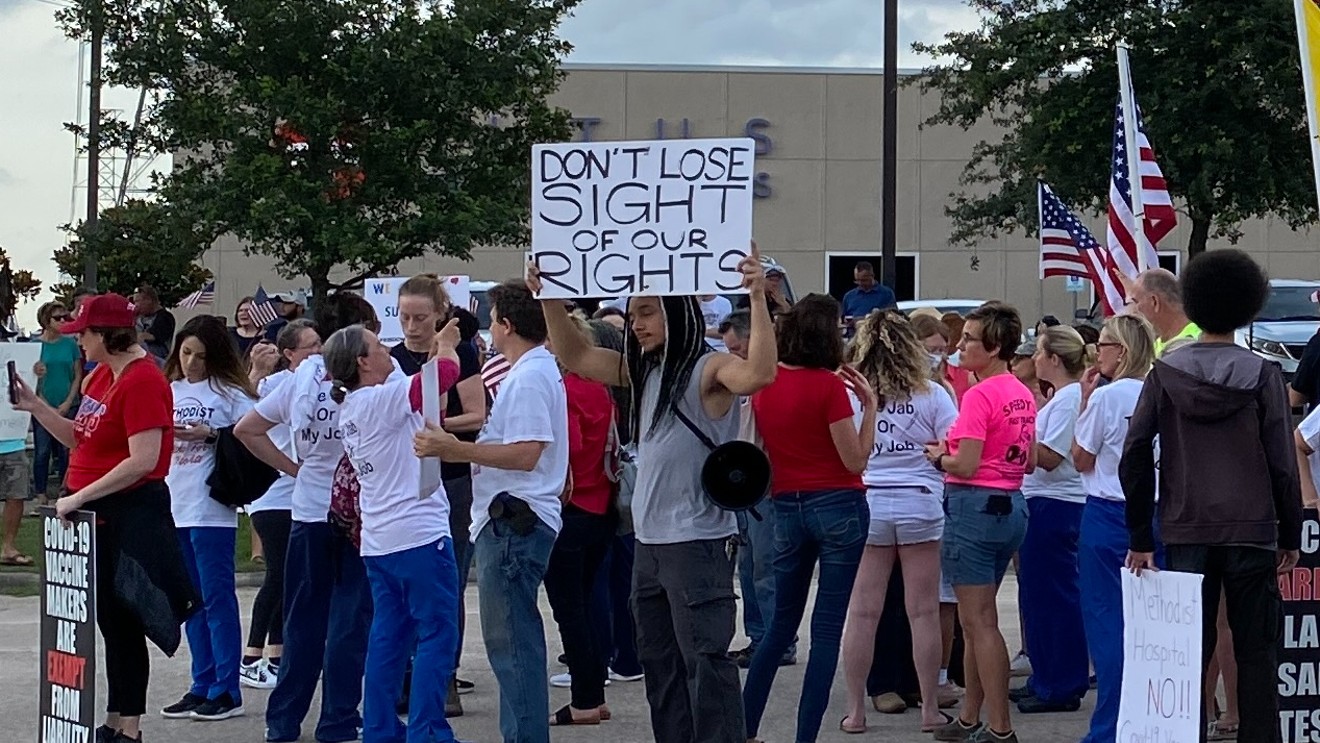 Protesters gathered outside Houston Methodist's Baytown location on June 7 to decry the hospital's COVID vaccine policy.
