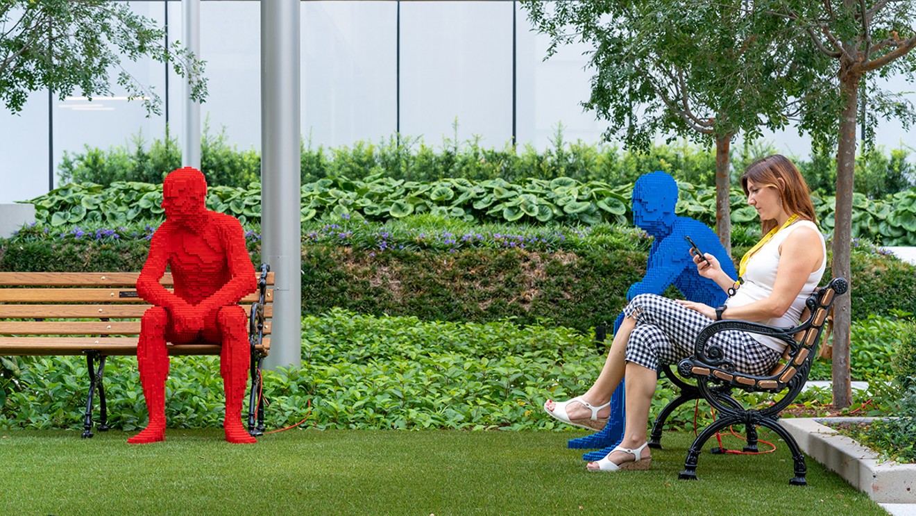 "Park People" by Nathan Sawaya features six figures constructed of Lego® bricks. Folks near Allen Center have been taking selfies but now it moves to Houston Center, August 13-24, courtesy of Arts Brookfield.