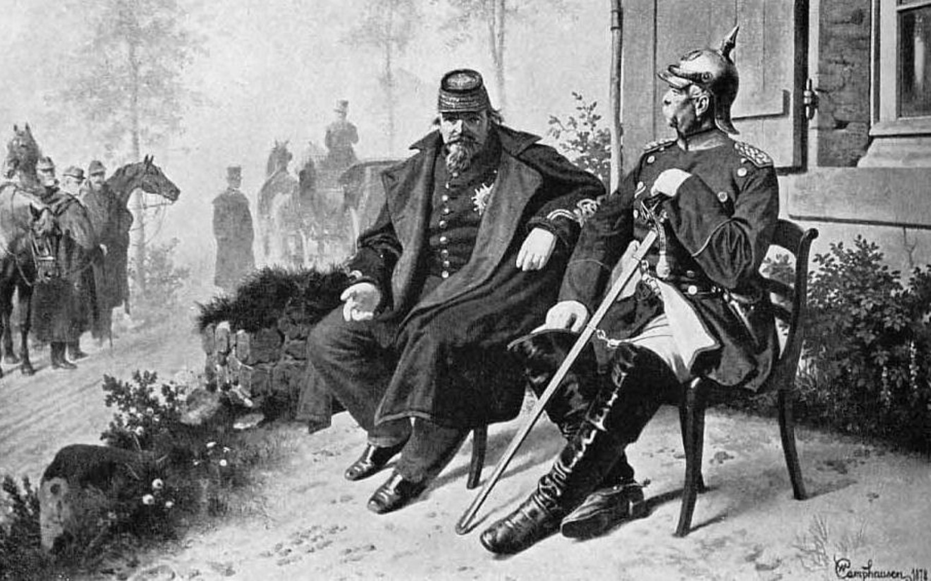 Engraving by Wilhelm Camphausen, 1877, showing Napoleon III (left) surrendering to Otto von Bismarck at the Battle of Sedan, 1870.