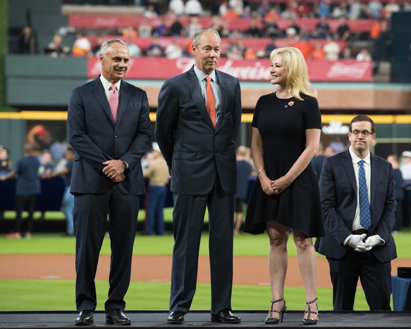 MLB Commissioner Rob Manfred (left),  with Astros owner Jim Crane and wife Whitney Crane in 2018.