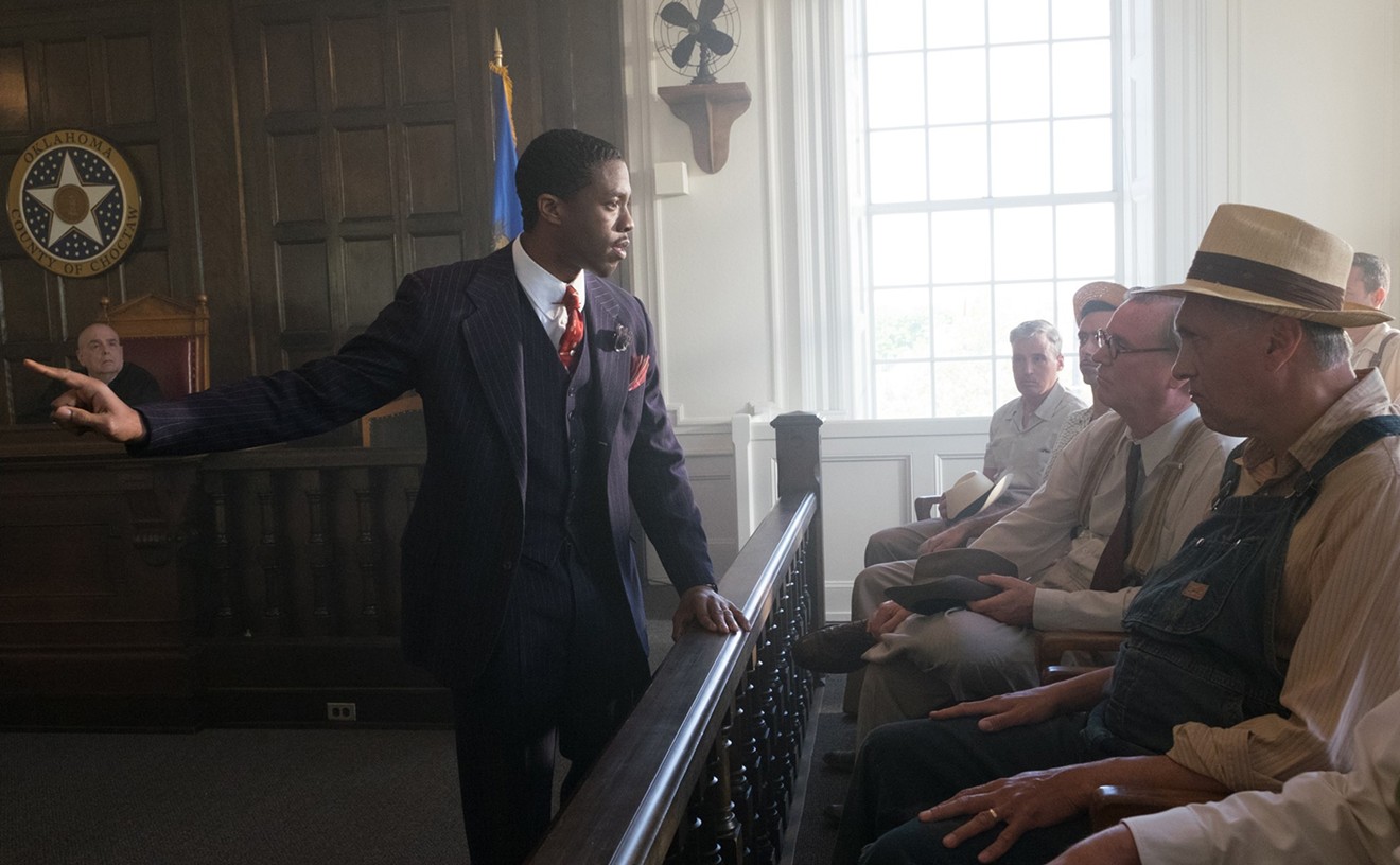 In Marshall, Chadwick Boseman plays Thurgood Marshall, the first African-American to serve on the U.S. Supreme Court, as a man who understands that it takes some theater to shake white folks into recognizing injustice.