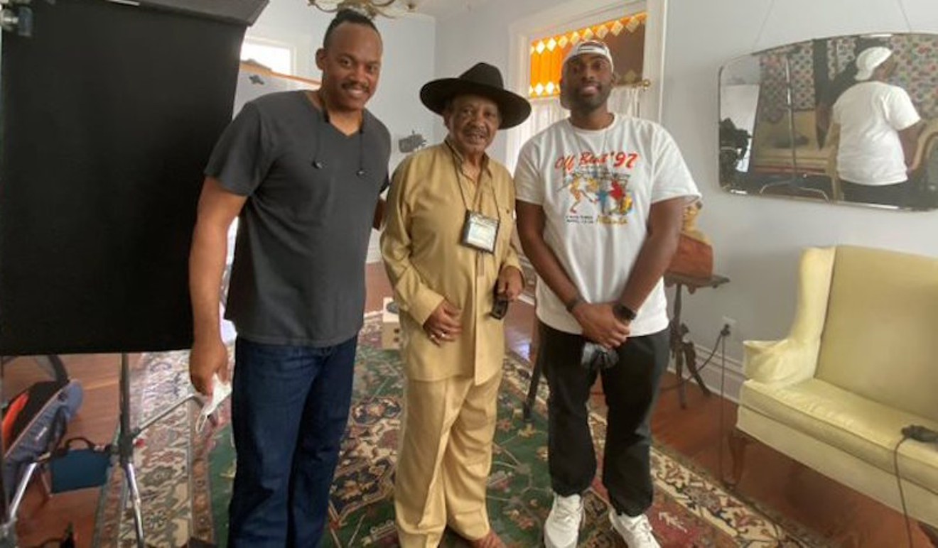 Acclaimed musician Archie Bell, Founding Member of the R&B group Archie Bell & the Drells, with film director Isaac Yowman (right) and producer Greg Carter (left) on set for the filming of Memory Builds the Monument documentary.