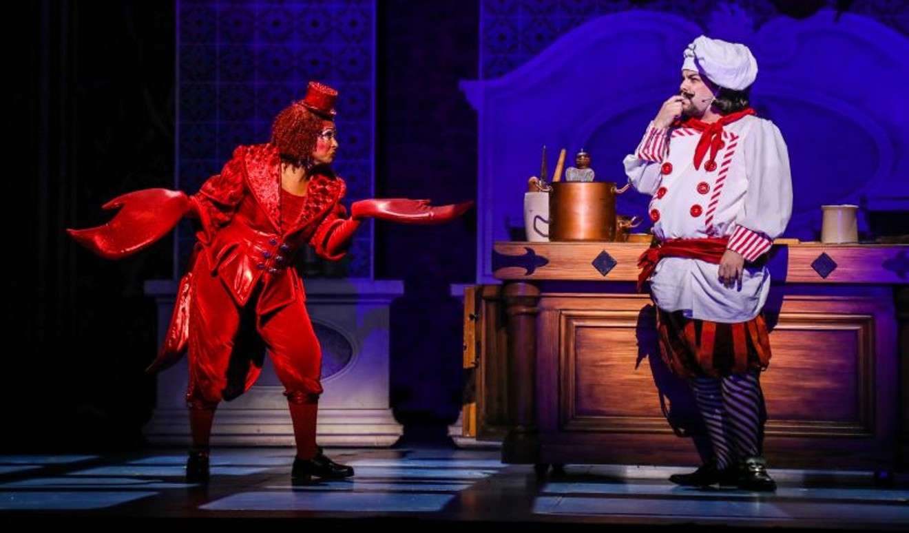 Carla Woods as Sebastian and Mark Ivy as Chef Louis in Disney's The Little Mermaid.