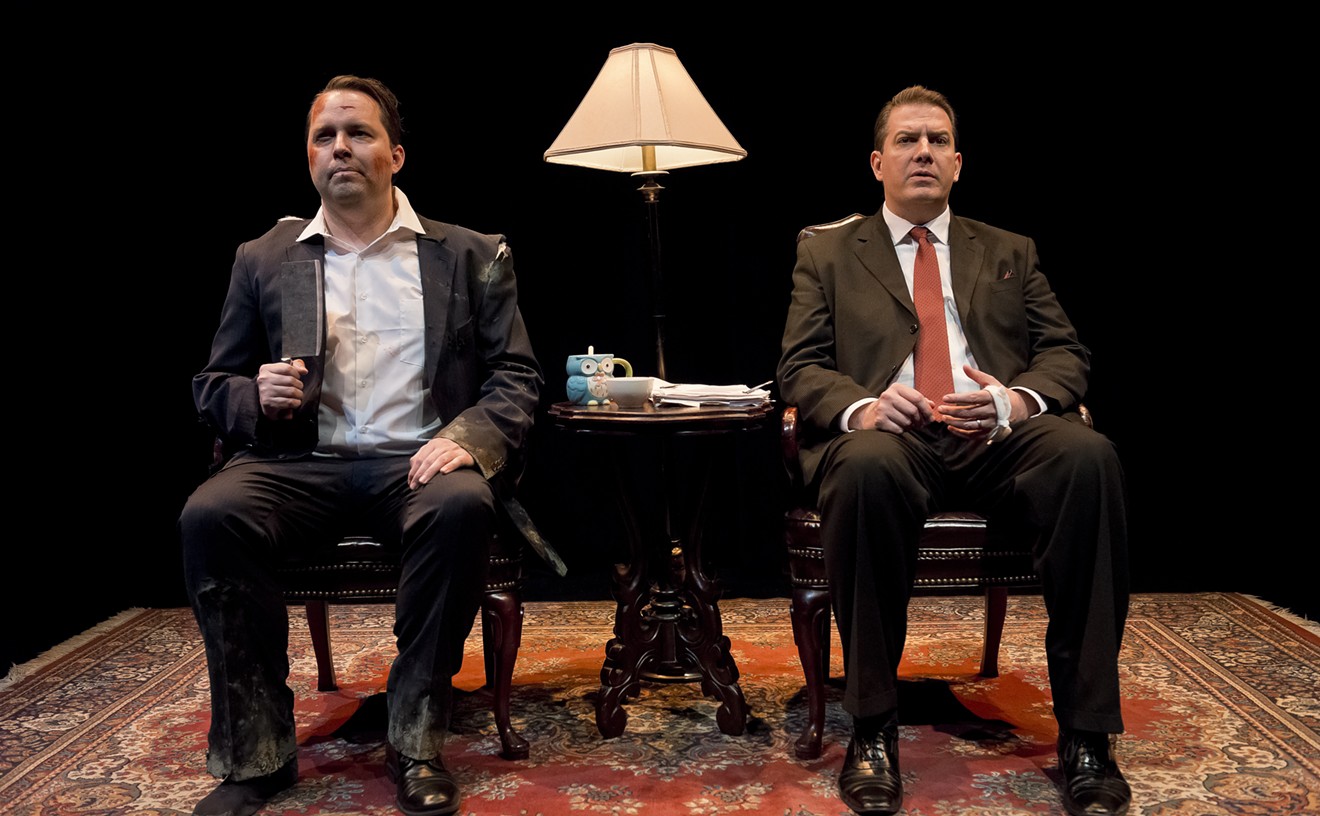 John Dunn and Seán Patrick Judge in Jim Lehrer and The Theater and Its Double and Jim Lehrer’s Double at Catastrophic Theatre.