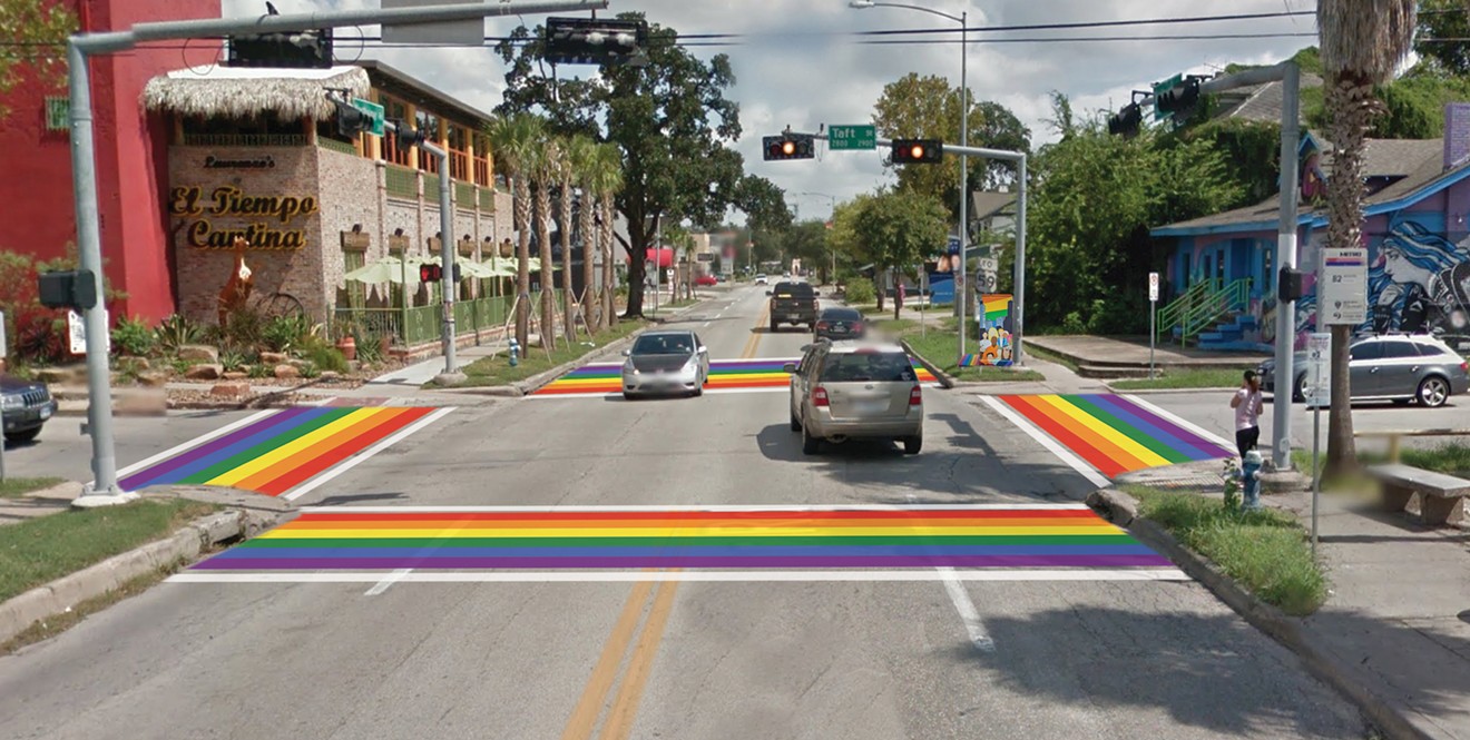A rendering shows the artistic plan for the rainbow crosswalk at the intersection of Westheimer and Taft.