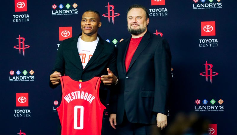 The newest edition to the Houston Rockets: Russell Westbrook with GM Daryl Morey
