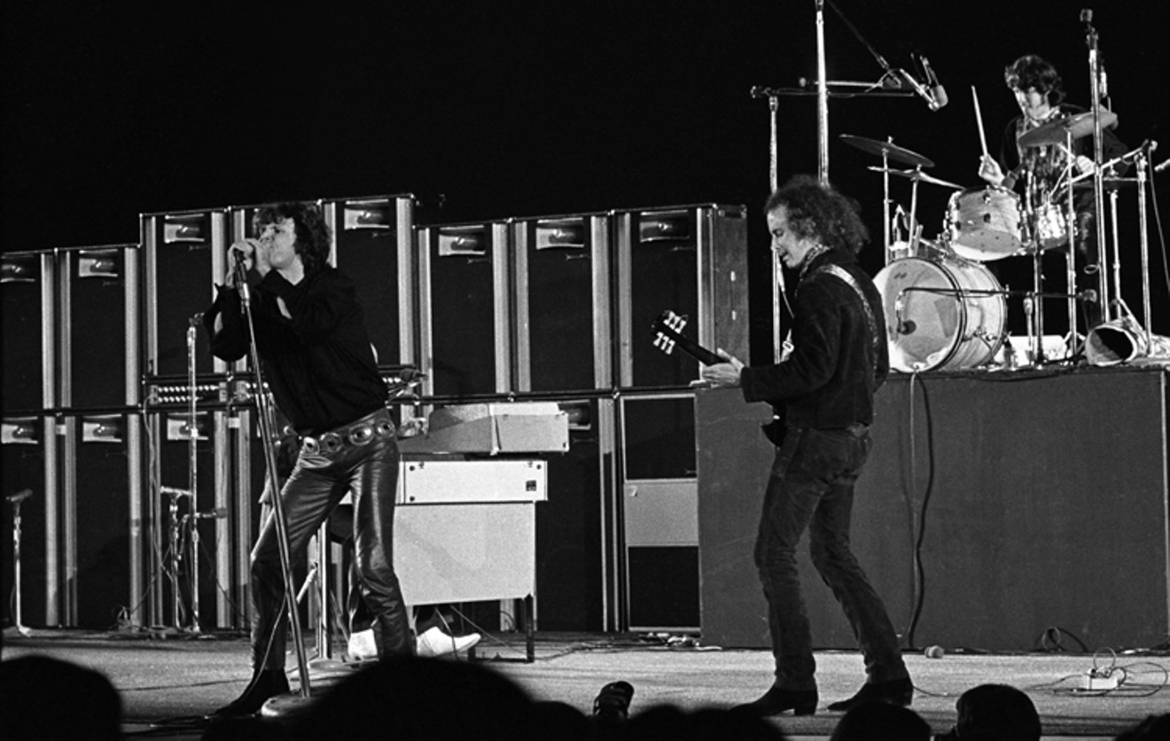 The Doors at the Hollywood Bowl in 1968: Morrison, Densmore, and Krieger.