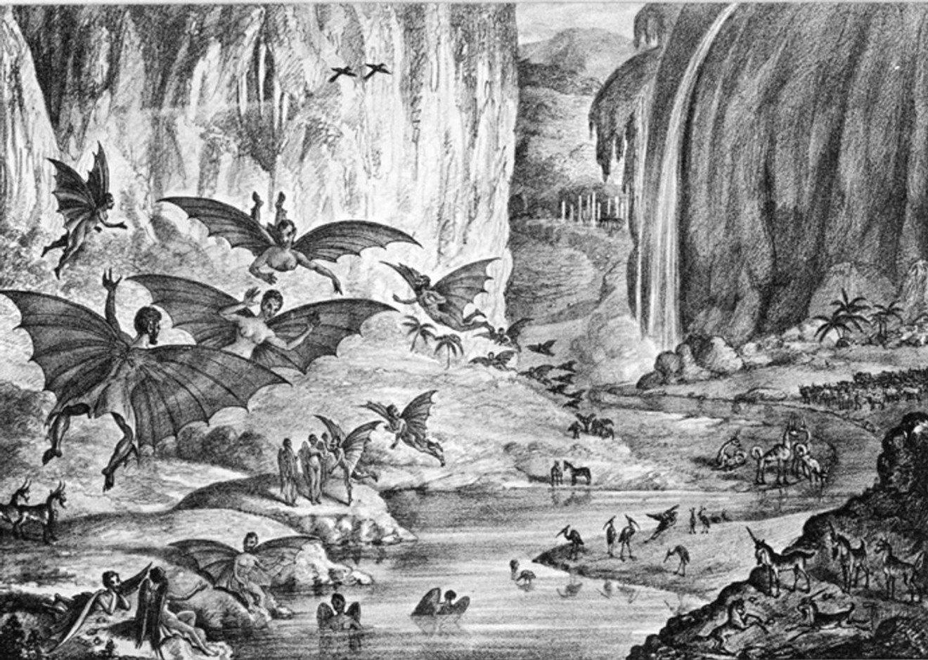 This 1835 lithograph of  flying bat-creatures from the New York Sun purportedly illustrated what a famed astronomer saw on the surface of the moon through a powerful telescope.