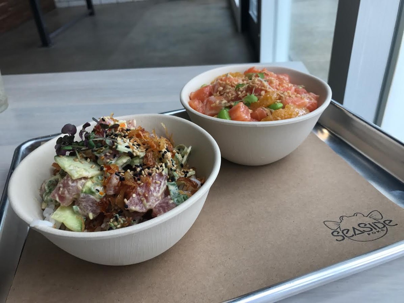 Spicy tuna and salmon shoyu bowls at Seaside Poke, a new eatery in EaDo.