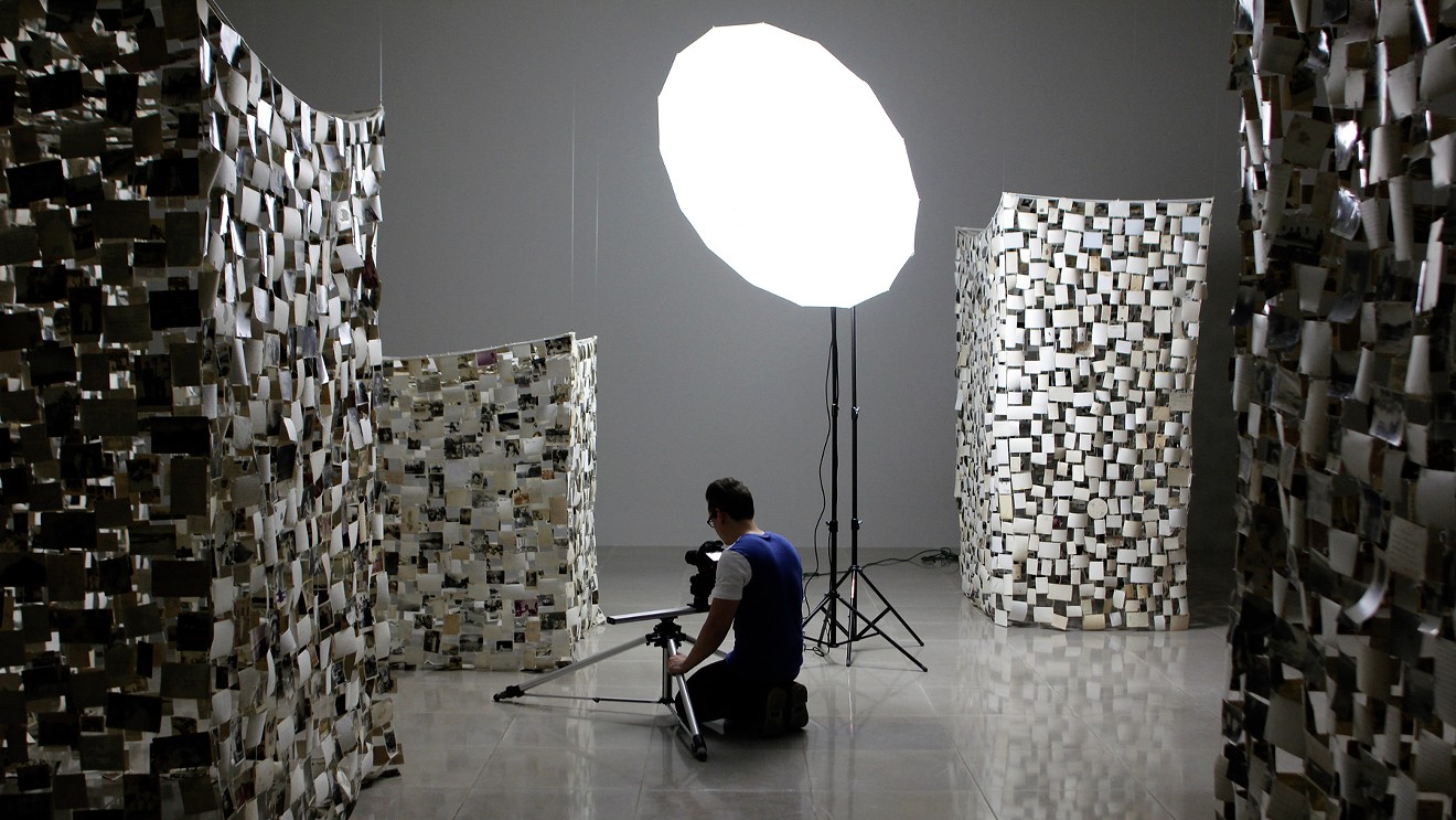 Since 2011, Rice University Art Gallery has commissioned Walley Films (husband and wife duo Mark and Angela Walley), to create short videos of the gallery's site-specific installations. Shown: Mark Walley filming Dinh Q. Lê: Crossing the Farther Shore, 2014.