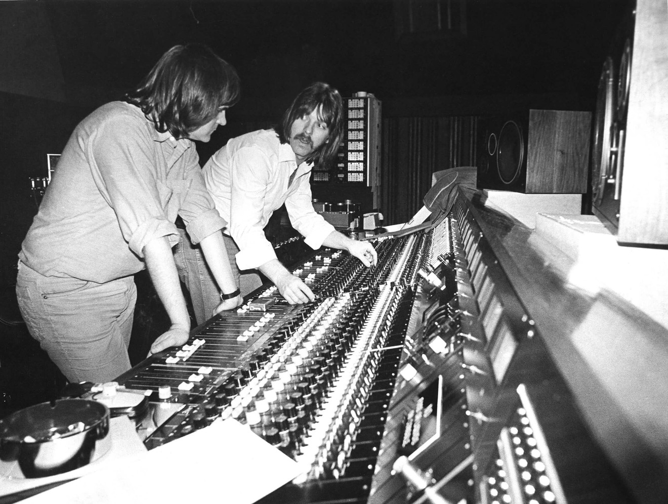 Keith Olsen (left) and his friend, the songwriter, guitarist and producer Jay Graydon, stand at the mixing console inside Davlen Sound Studios in North Hollywood in early 1980. This is where Olsen would produce “Hit Me with Your Best Shot” for Pat Benatar, breaking her career wide open.