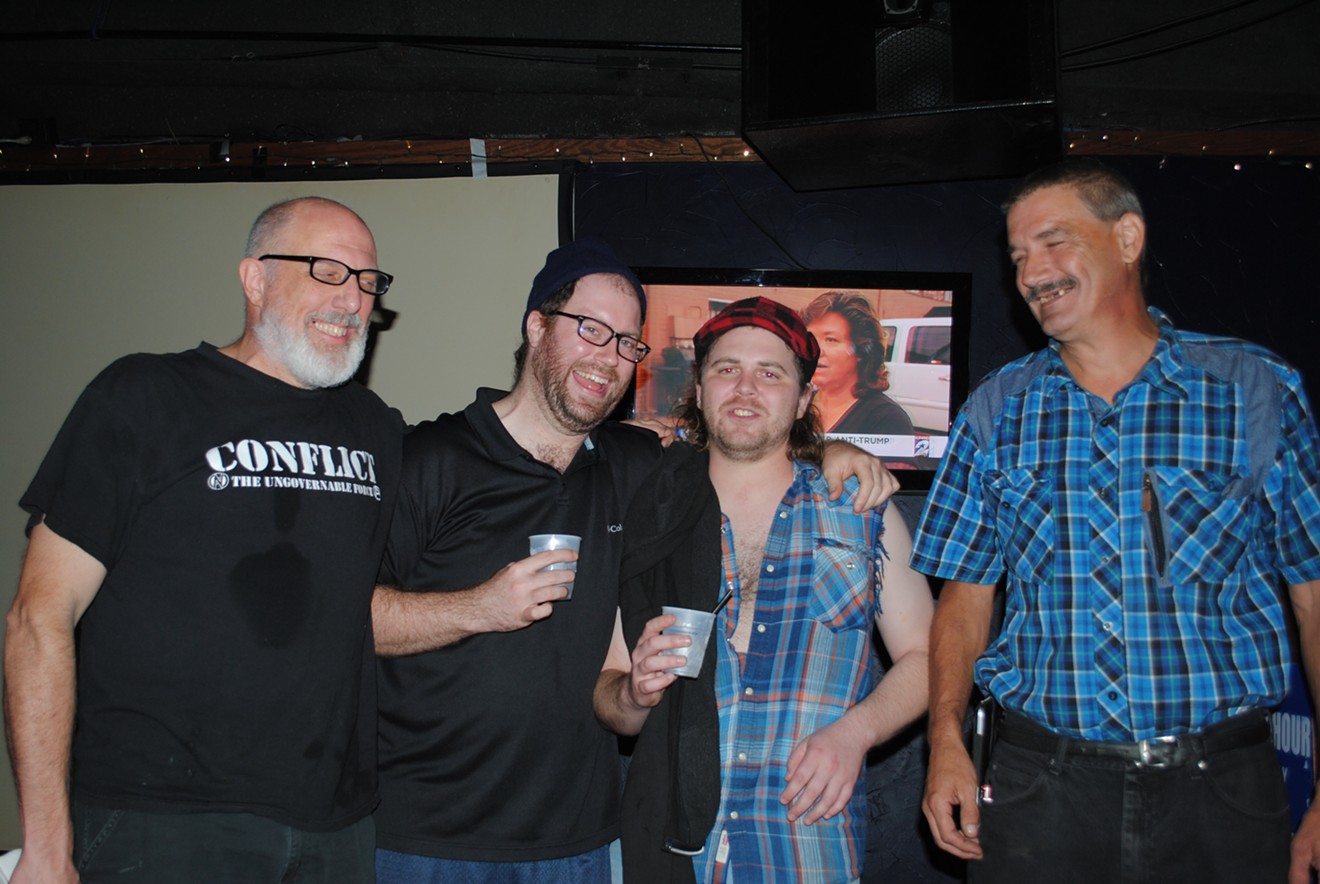 The Escatones (L-R): Ken Dannelley, JT Popiel, Connor Pursell with new fan "Herman Finklestein"