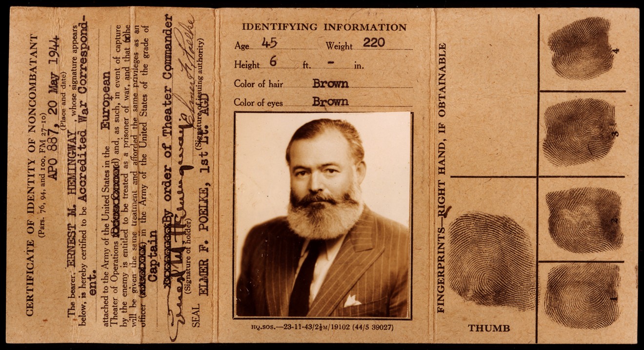 The 1944 U.S. Army-issued ID card that accredited Ernest Hemingway as a war correspondent. He would shave the beard once in the field.