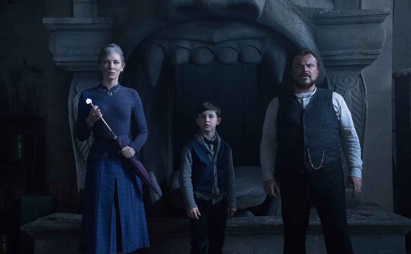 The cast of Eli Roth's The House With a Clock in Its Walls includes (from left): Cate Blanchett as a witch; Owen Vaccaro as Lewis, a recently orphaned fourth-grader; and Jack Black as  Jonathan, the child's irresponsible stage magician uncle.