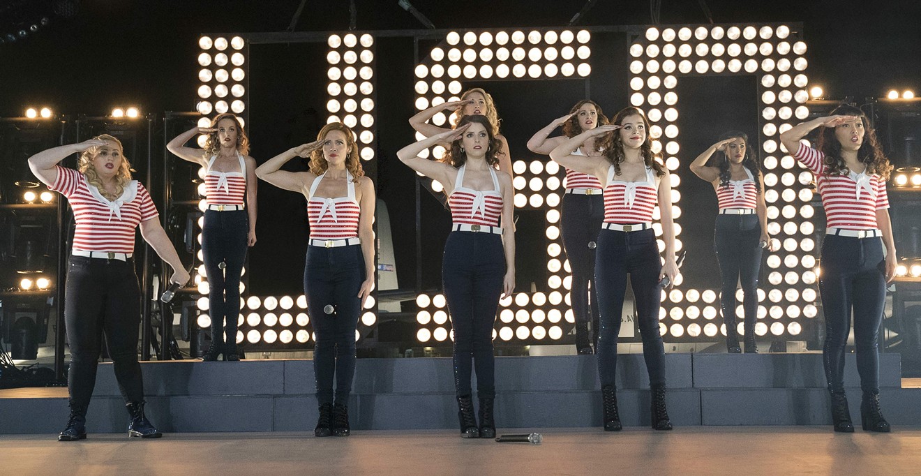 The cast of Pitch Perfect 3 includes Rebel Wilson (left), Anna Kendrick (middle, front) and Anna Camp (middle, back) as the Bellas, the collegiate a cappella troupe from the first two films that joins a USO tour.