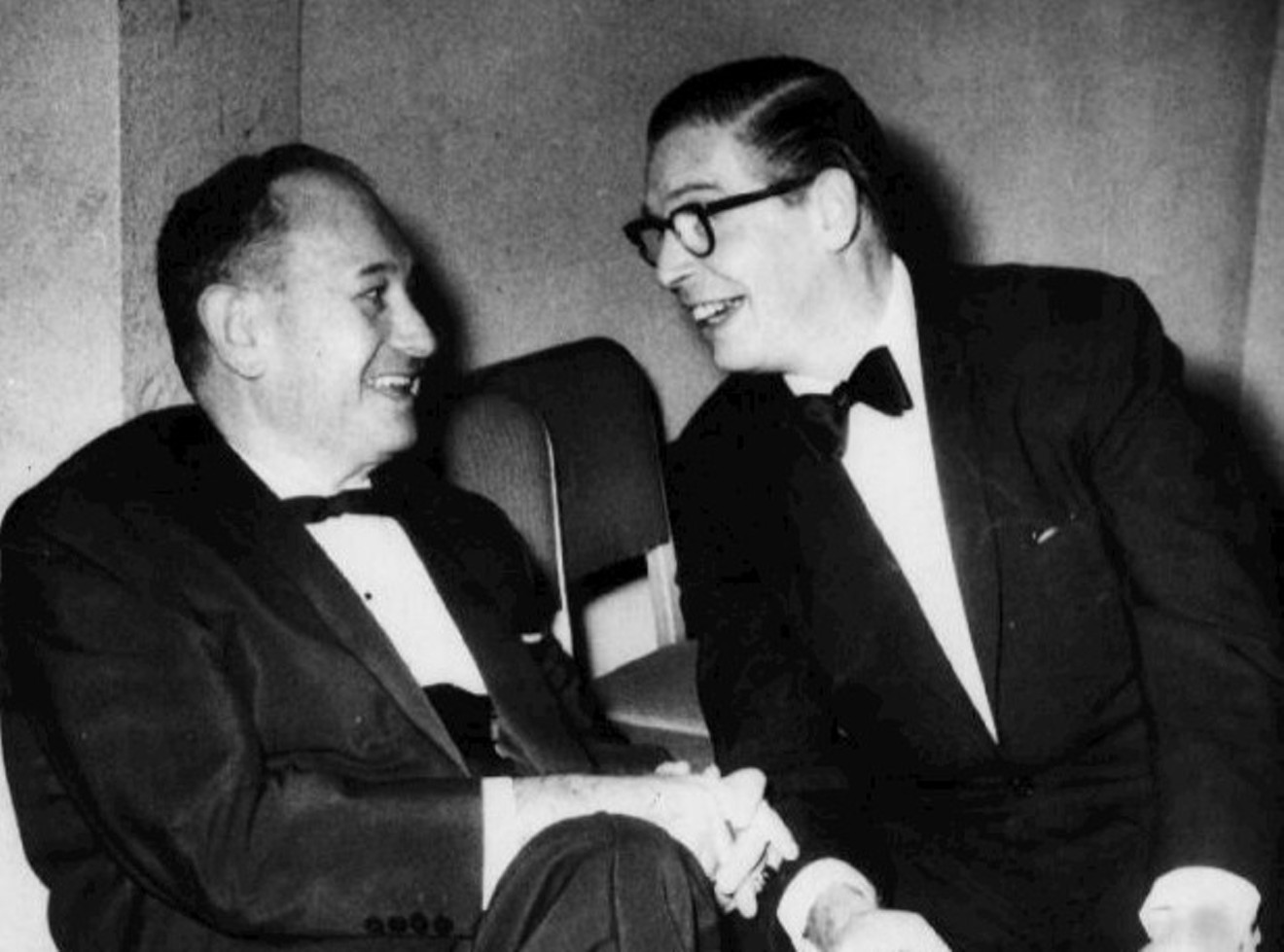 The last photo of Harry "Parkyakarkus" Einstein taken at a Los Angeles Friars' Club 
 dinner in 1958. He is shown conversing with Milton Berle. Shortly after this photo was 
 taken, Parke collapsed into Berle's lap from a fatal heart attack.