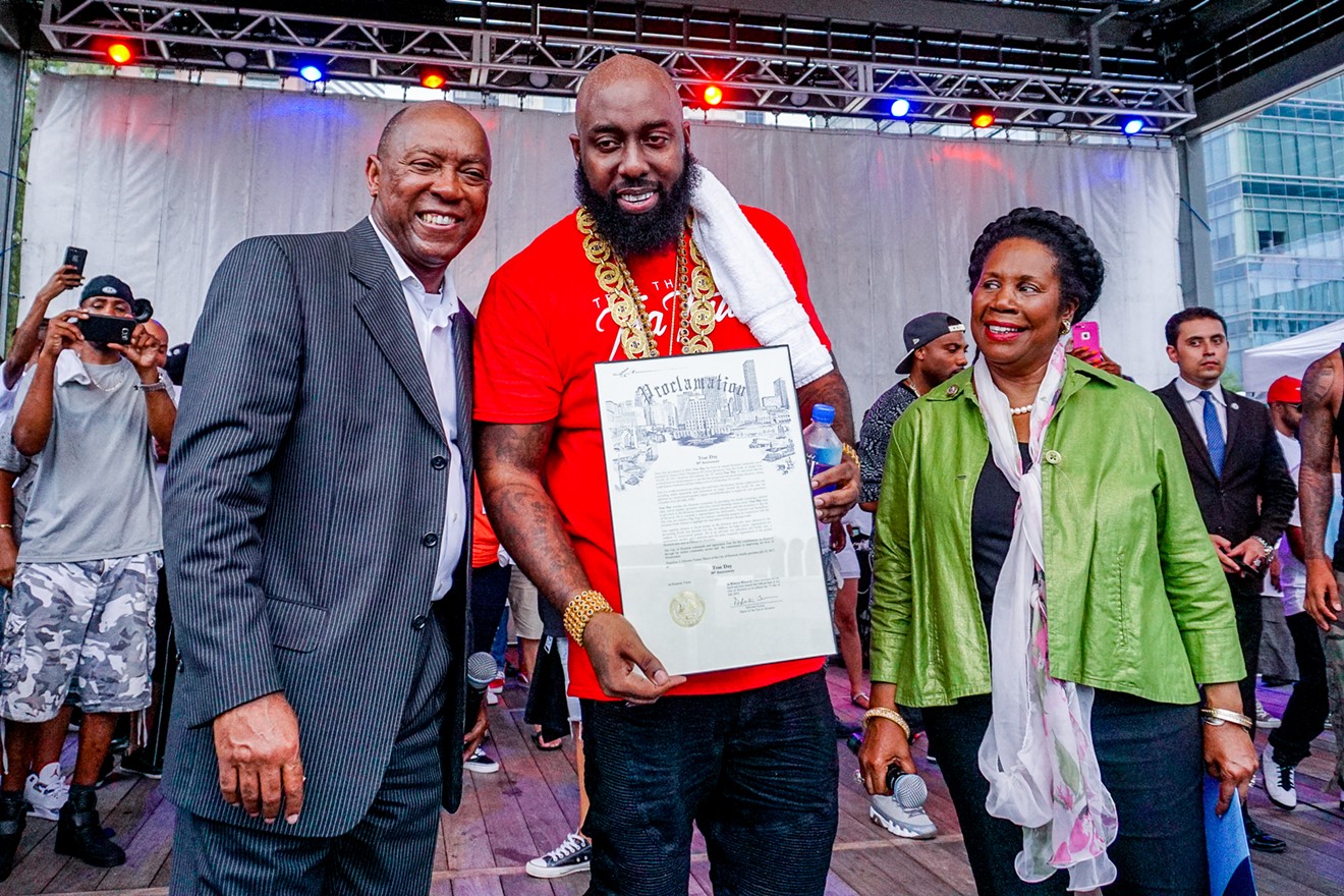 Trae Tha Truth, flanked by Houston Mayor Sylvester Turner and U.S. Rep. Sheila Jackson Lee, fights the good fight on Tha Truth Pt. 3.