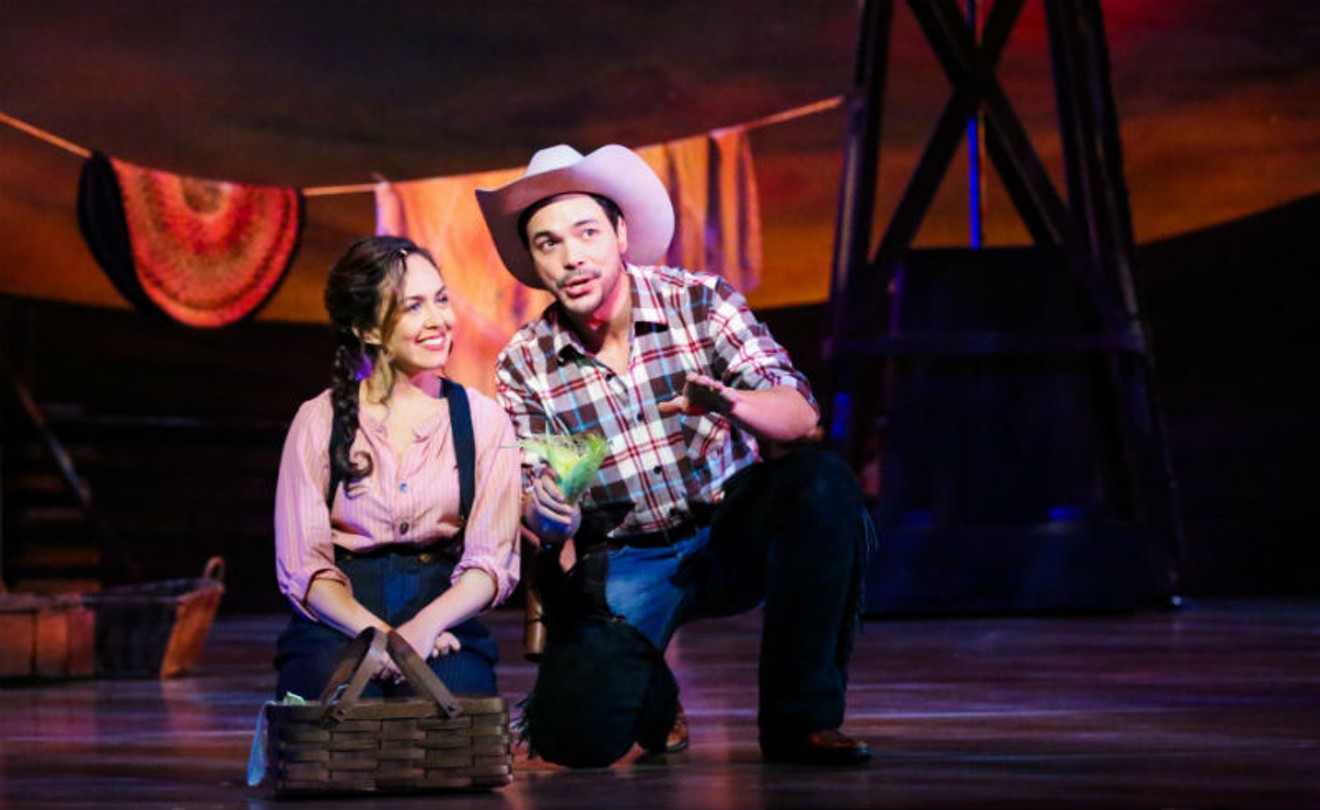 Chicks and ducks and geese better scurry. Olivia Hernandez as Laurey and Sam Simahk as Curley in Oklahoma!
