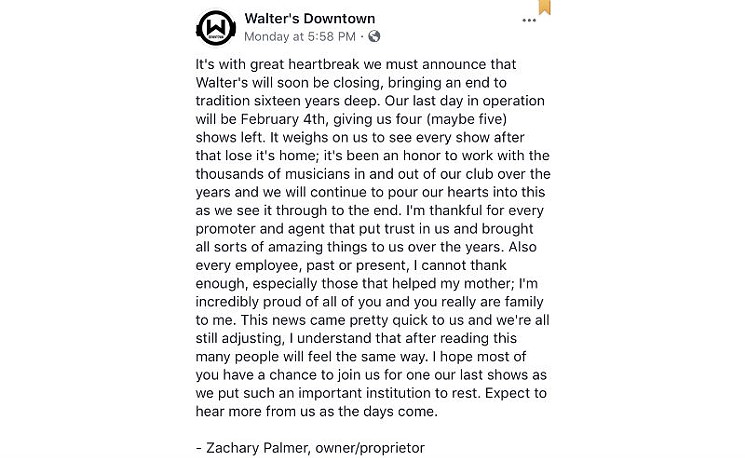 Walter's official announcement on its closing. - SCREENSHOT BY JESSE SENDEJAS JR.