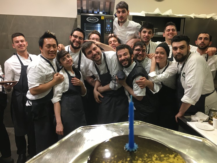 Chef Riccio celebrating his birthday with the Osteria Francescana crew. - PHOTO COURTESY OF FELIPE RICCIO
