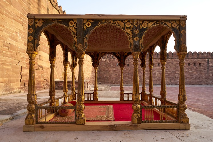 This 19th century Jodhpur, Pavilion (Baradari), finished with lacquer and gold, is on loan from the Mehrangarh Museum Trust in "Peacock in the Desert: The Royal Arts of Jodhpur, India," on view at the Museum of Fine Arts, Houston. - PHOTO BY NEIL GREENTREE, COURTESY OF MUSEUM OF FINE ARTS, HOUSTON