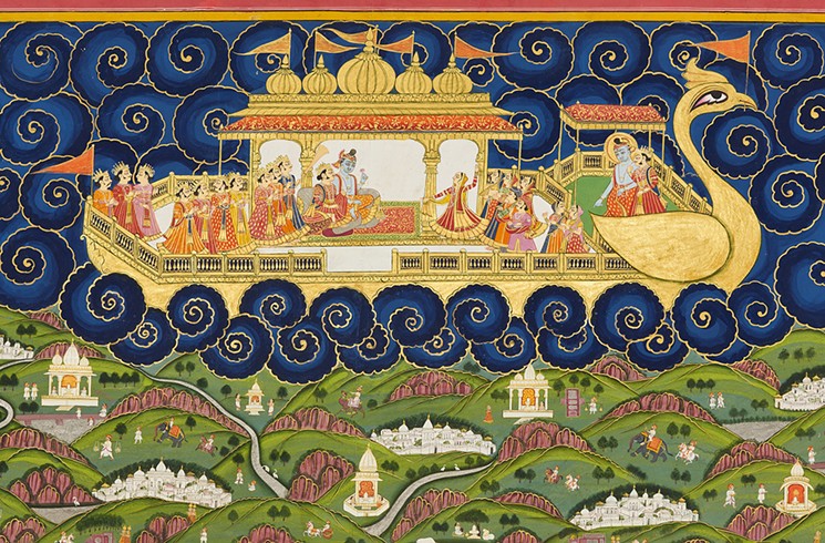 Could this be evidence of an unidentified flying object? Jodhpur, Shiva on His Vimana (Aircraft) with Himalaya (detail), folio 53 from the Shiva Rahasya, 1827, opaque watercolor and gold on paper, Mehrangarh Museum Trust. - PHOTO BY NEIL GREENTREE, COURTESY OF MUSEUM OF FINE ARTS, HOUSTON